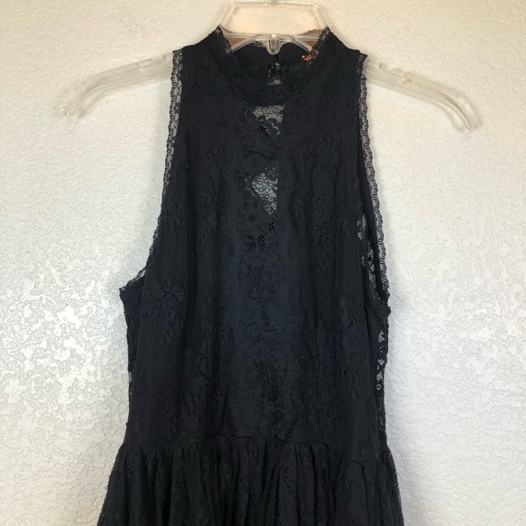 Free People Black Lace Verushka High Neck Button Down Back  Sleeves Mini Dress 6 - Picture 4 of 14